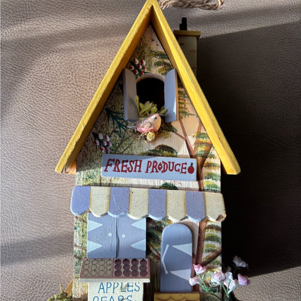 Colorful Wooden Birdhouse with Fresh Produce Design